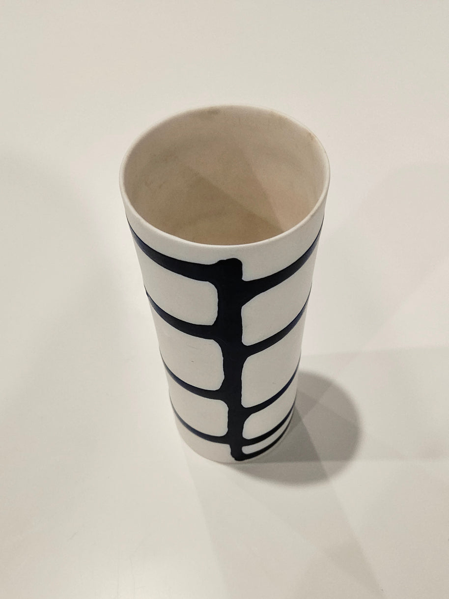 White and blue striped vase arrangement