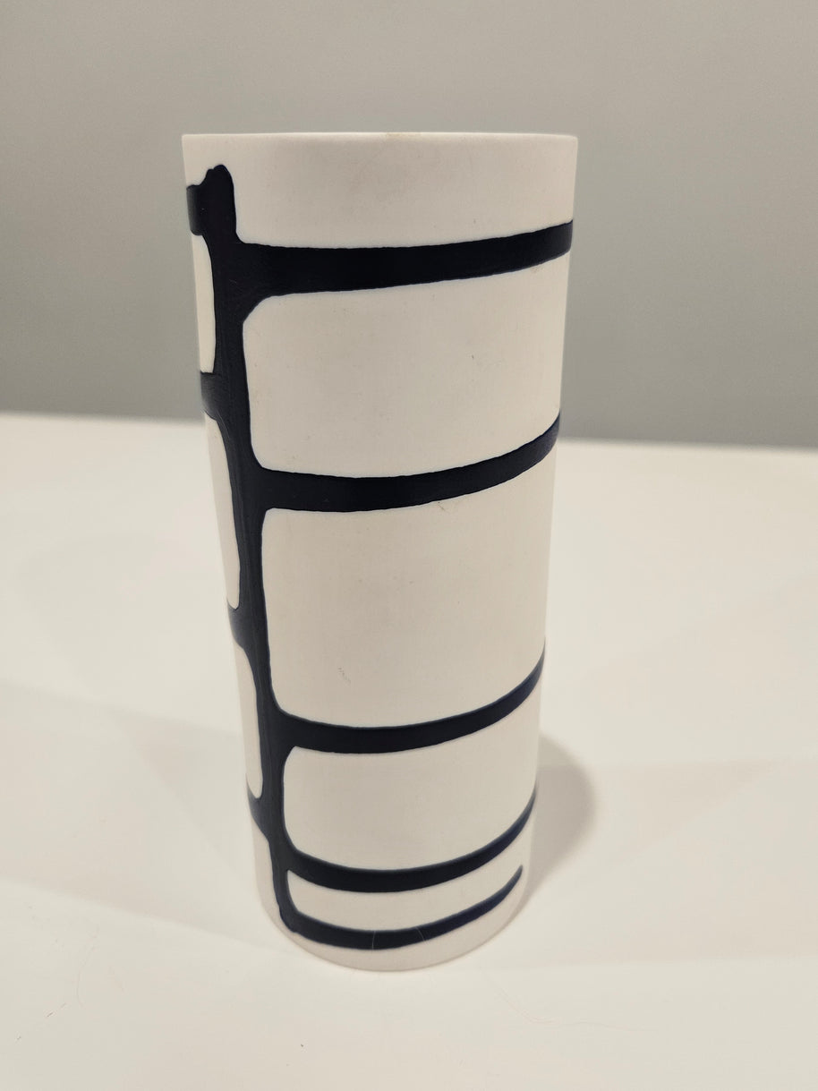 White and blue striped vase arrangement