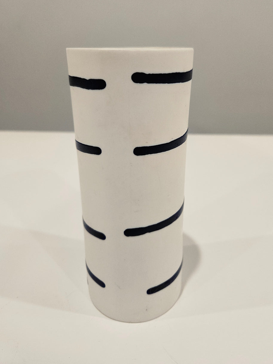 White and blue striped vase arrangement