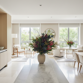 Bouquet of flowers on a wooden table with a colorful painting in the background