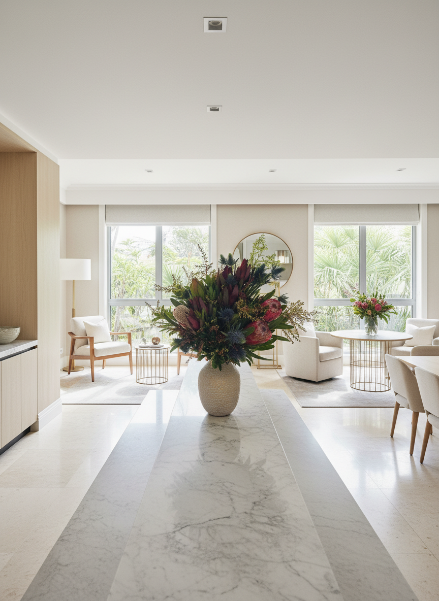 Bouquet of flowers on a wooden table with a colorful painting in the background