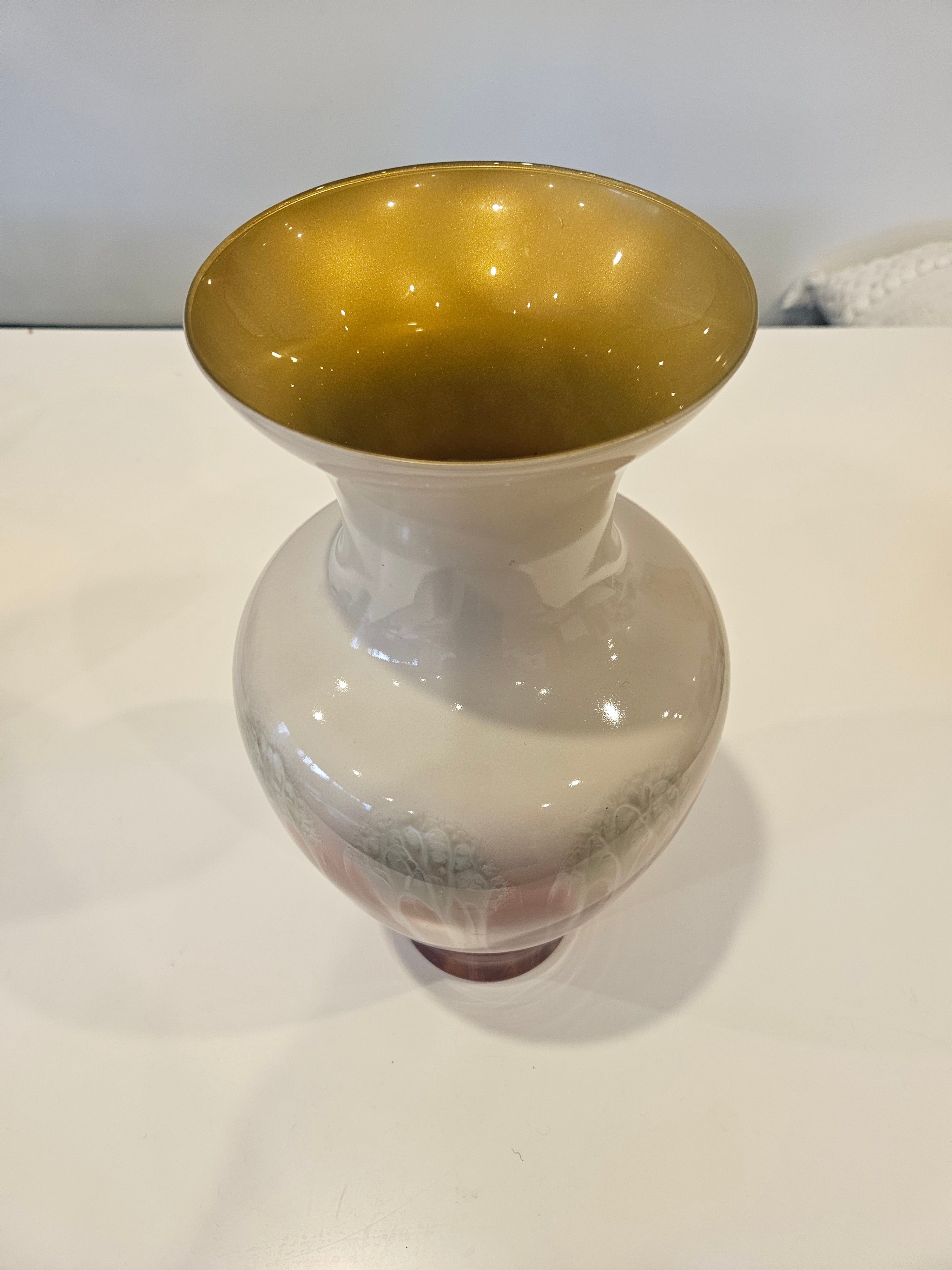 Tall red and white drip art vase arrangement