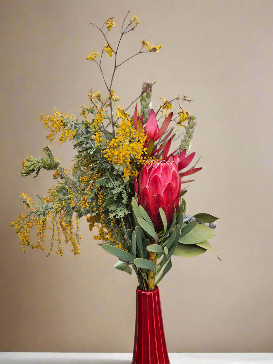 Bouquet of flowers with red venus protea and yellow wattle in a red vase against a beige background
