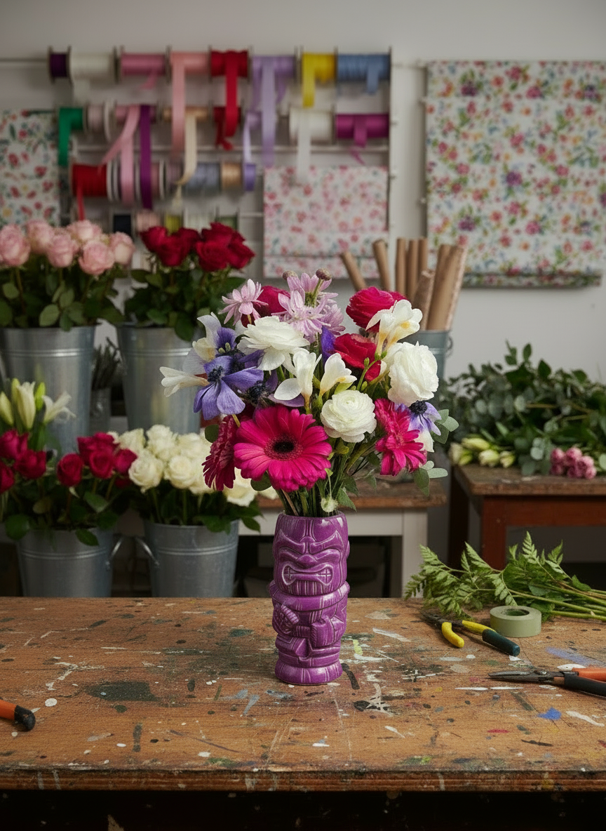 Floral arrangement in a purple vase on a wooden table with floral supplies in the background.