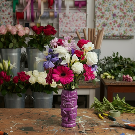 Floral arrangement in a purple vase on a wooden table with floral supplies in the background.