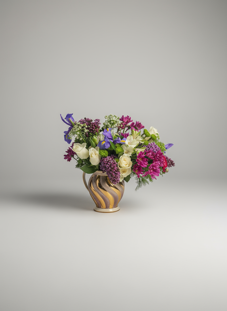 Bouquet of flowers in a decorative gold and lilac vase on a grey background