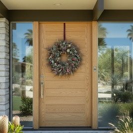 Wooden front door with a wreath, flanked by glass panels and plants.