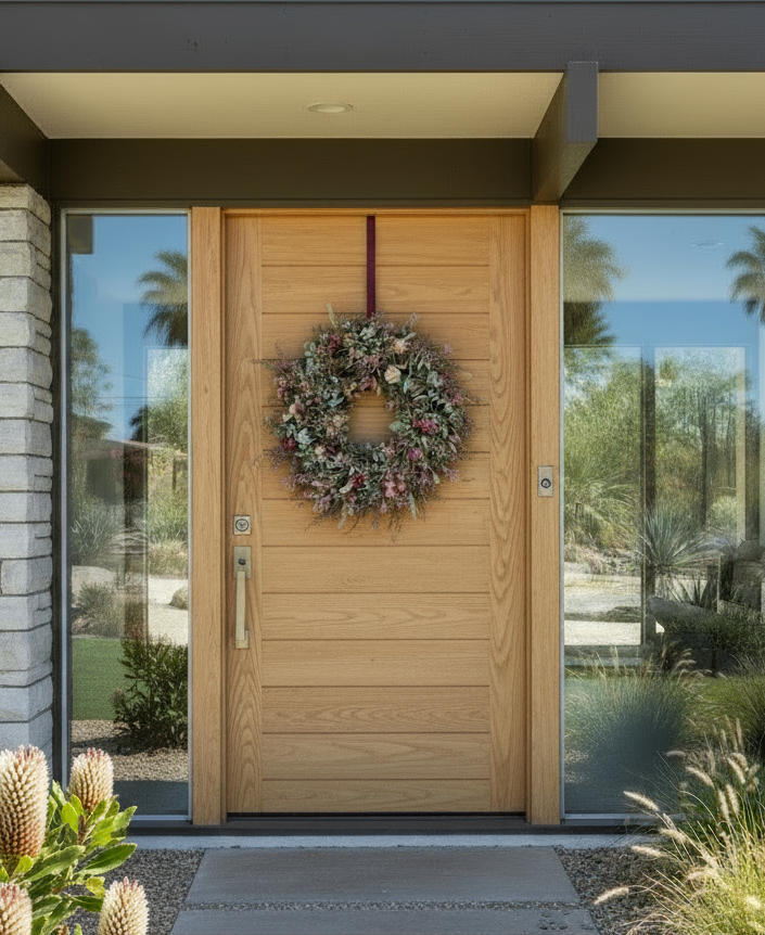Wooden front door with a wreath, flanked by glass panels and plants.