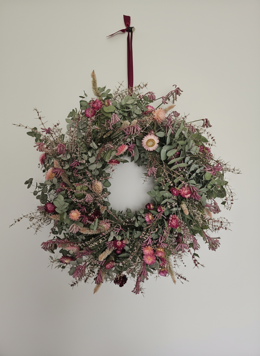 Decorative pink and green Christmas wreath with dried flowers and foliage hanging on a plain wall.