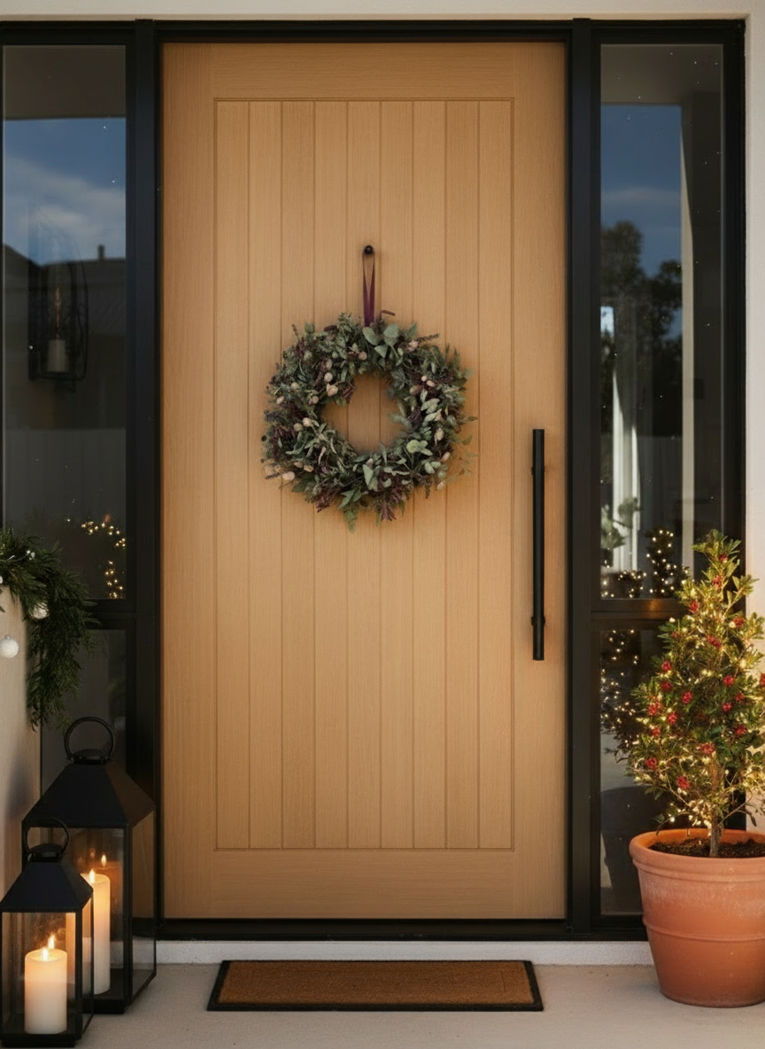 Front door with a wreath, candles, and a potted plant on a porch.