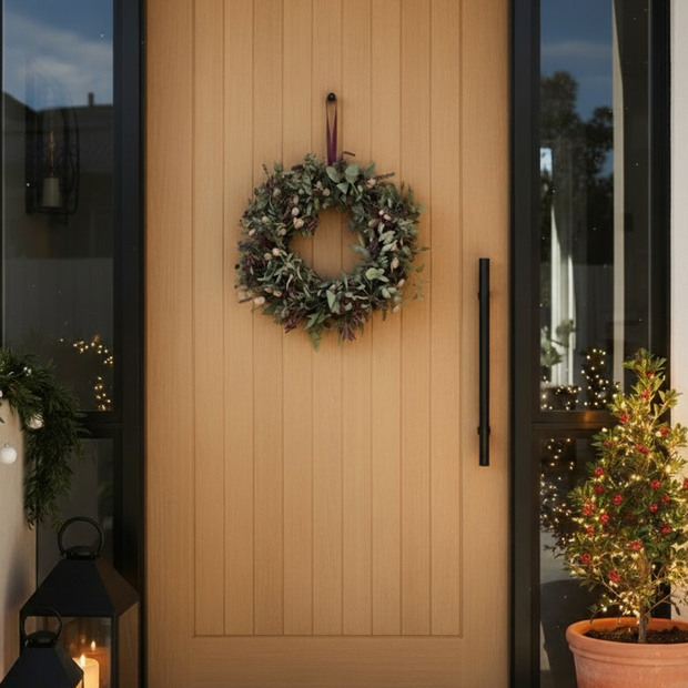 Front door with a wreath, candles, and a potted plant on a porch.