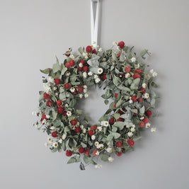 Decorative wreath with red berries and green leaves hanging on a white door.