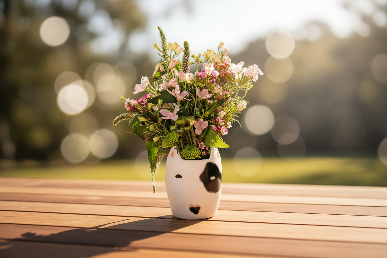 Bouquet of flowers against a white wall with a decorative mask.