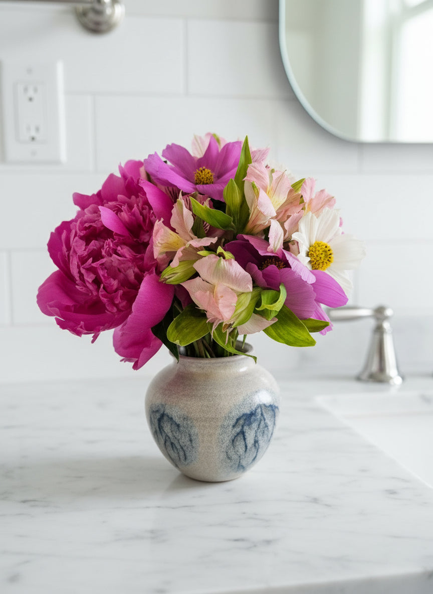 Floral arrangement on a marble benchtop in a bathroom