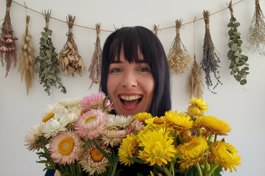 Person holding flowers with dried plant decorations on a wall