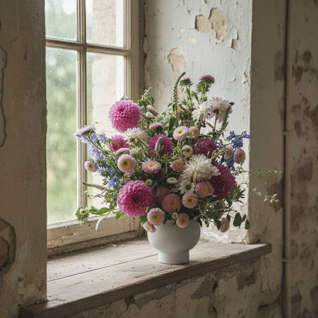 Floral arrangement in a white vase on a window sill with peeling paint walls.