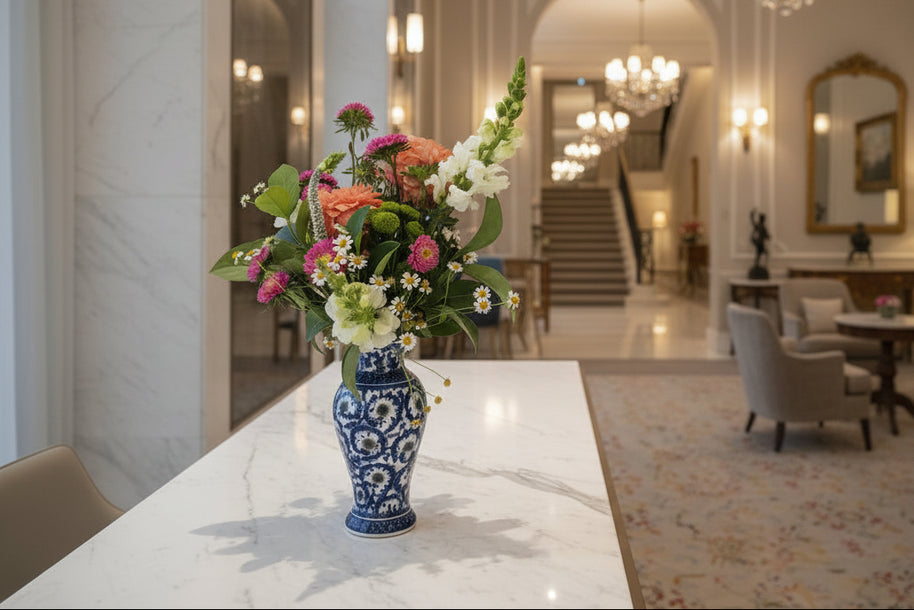 pink and peach flowers in a blue and white patterned ceramic vase
