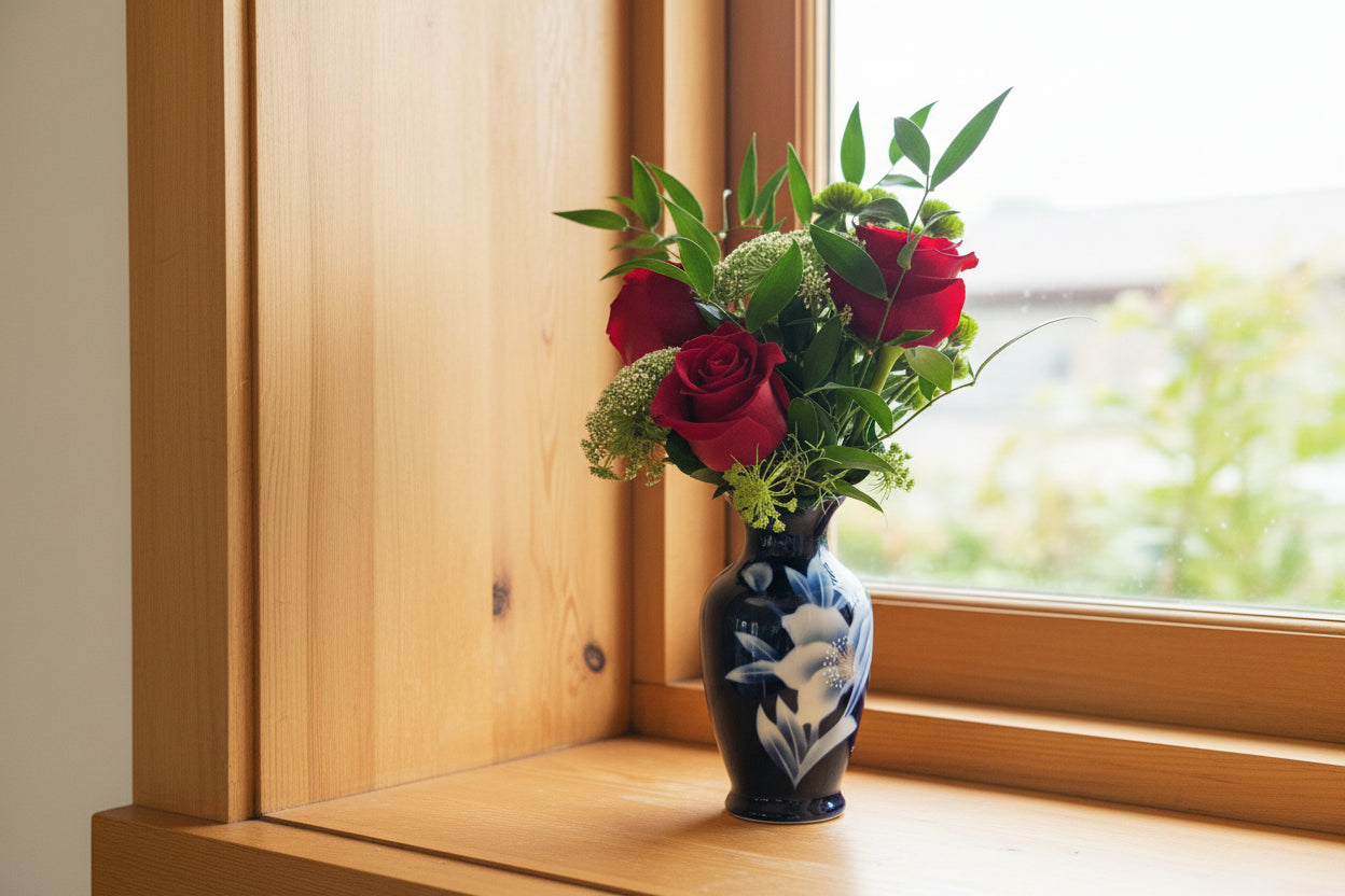 Bouquet of red roses and greenery in a decorative vase on a plain background