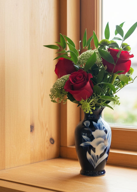 Bouquet of red roses and greenery in a decorative vase on a plain background