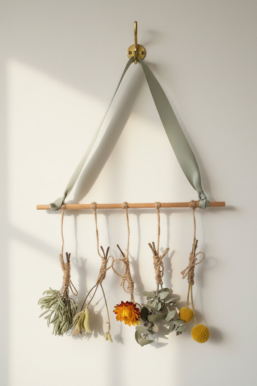 Decorative wall art with twigs and dried flowers on a plain background