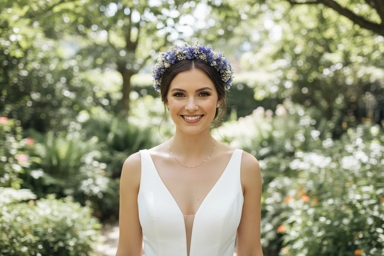 Woman in a white dress with a floral headband standing in a garden.