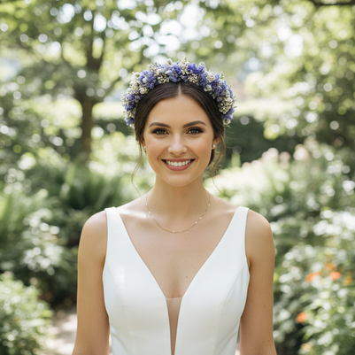 Woman in a white dress with a floral headband standing in a garden.