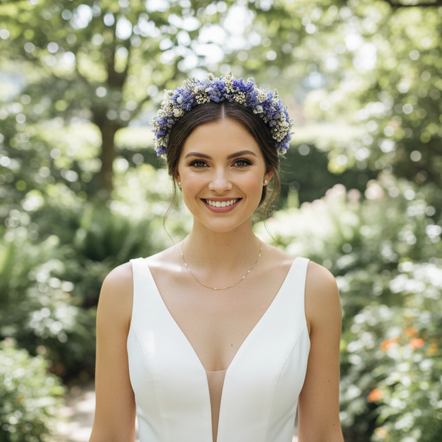 Woman in a white dress with a floral headband standing in a garden.
