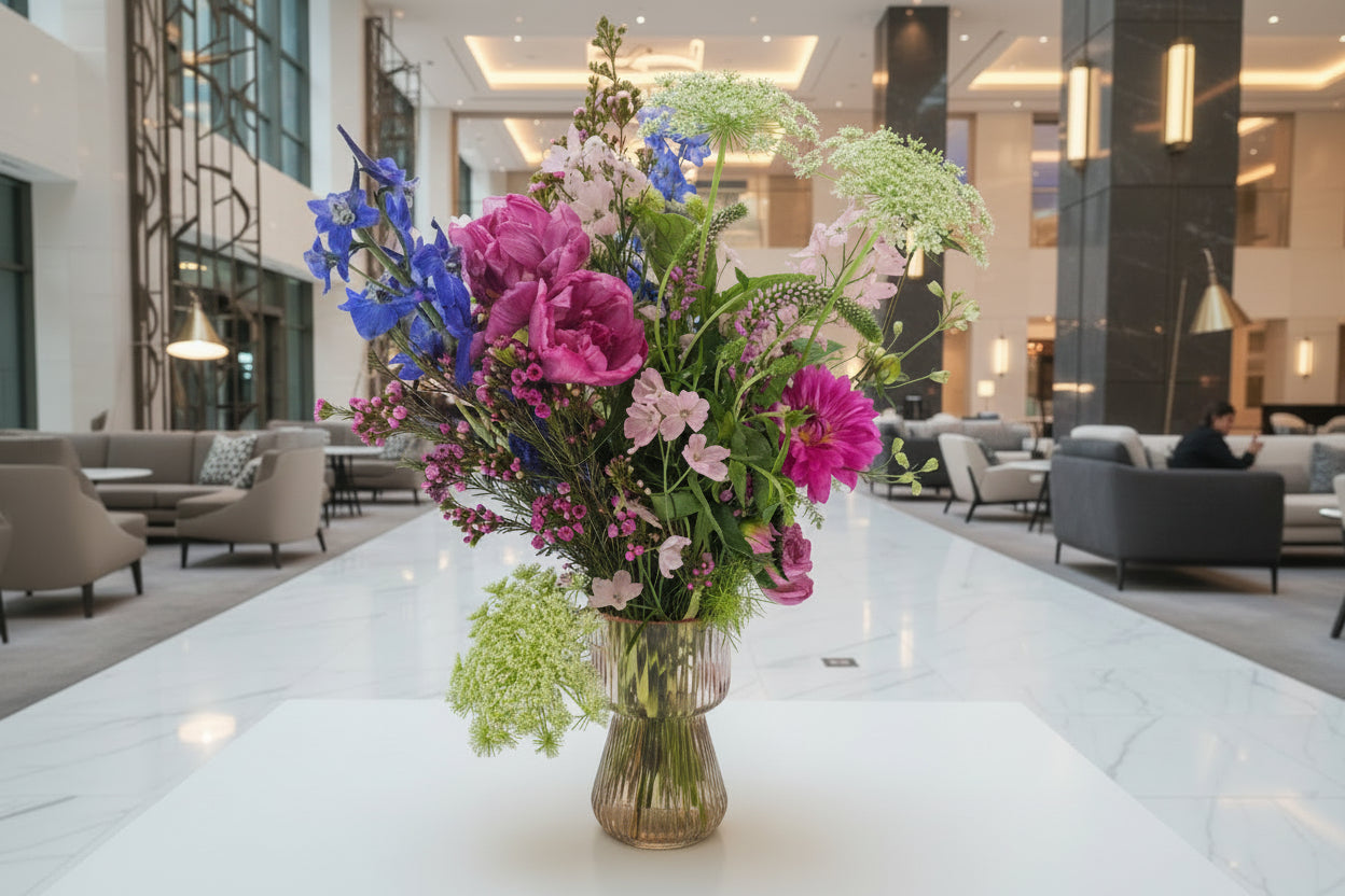 Pink and green flower arrangement on a white table 