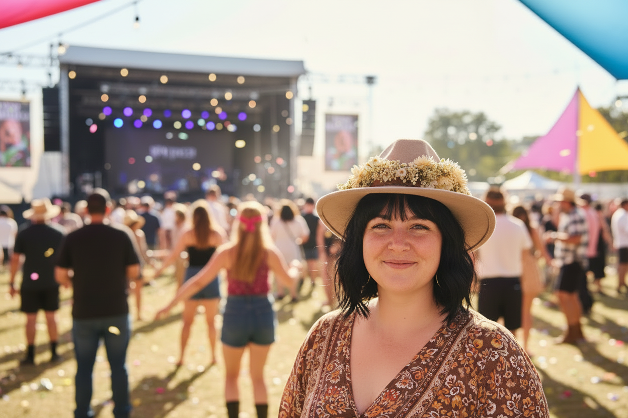 Woman at a music festival with a floral hat and a stage and crowd in the background