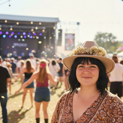 Woman at a music festival with a floral hat and a stage and crowd in the background
