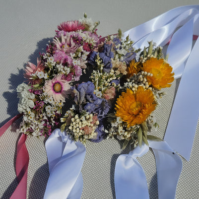 Flower crowns with ribbons on a white background