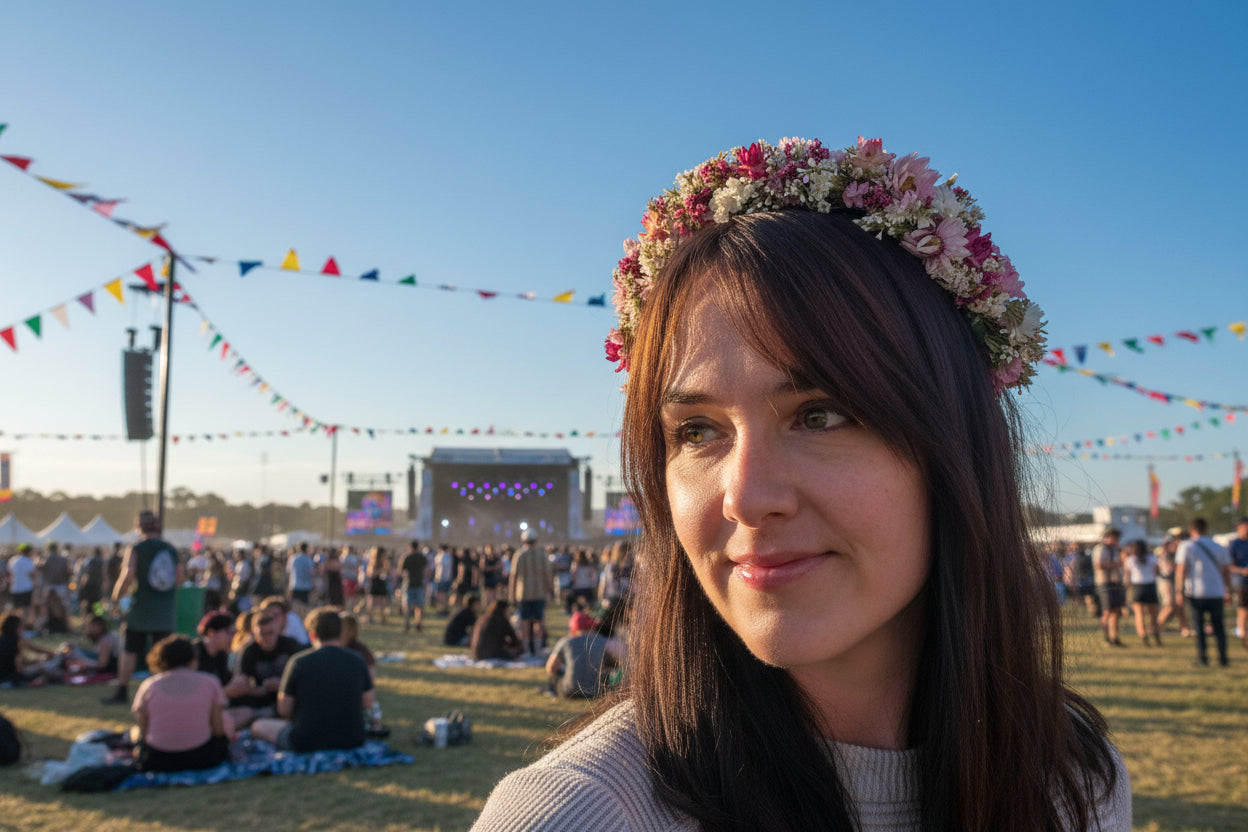 Woman with a dried flower headband at a music festival with stage and flags in the background