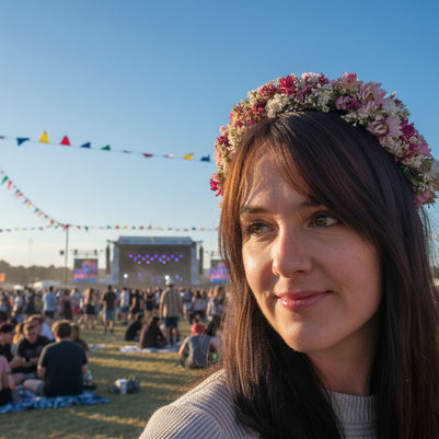 Woman with a dried flower headband at a music festival with stage and flags in the background