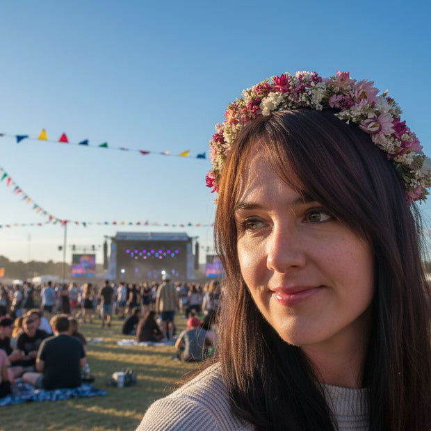 Woman with a dried flower headband at a music festival with stage and flags in the background