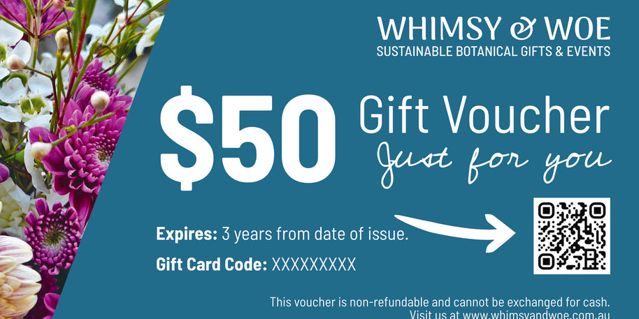 Gift voucher for Whimsy & Woe with floral design and QR code