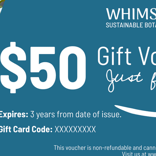 Gift voucher for Whimsy & Woe with floral design and QR code