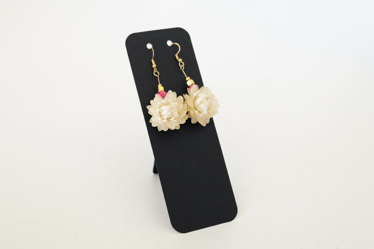 Pair of floral earrings on a black card with a white background