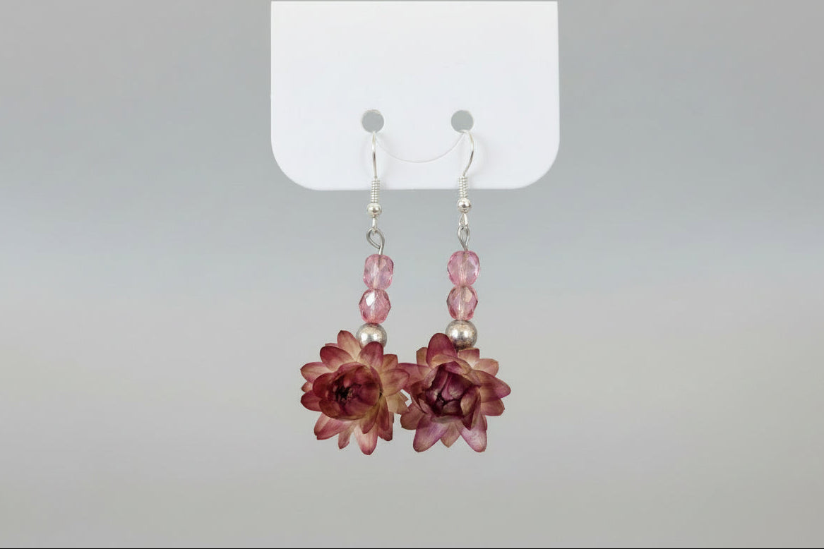 Floral earrings with pink beads on a white background