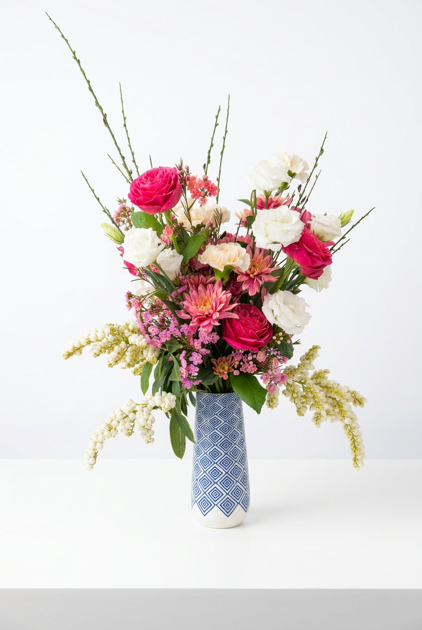 Blue and white checkered ceramic vase arrangement
