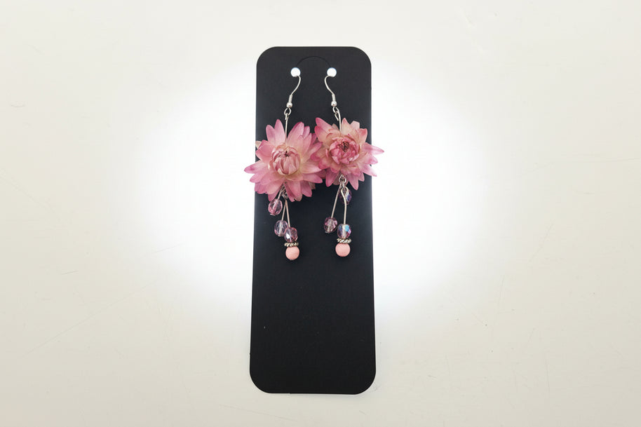 Pair of pink floral earrings on a black card against a white background