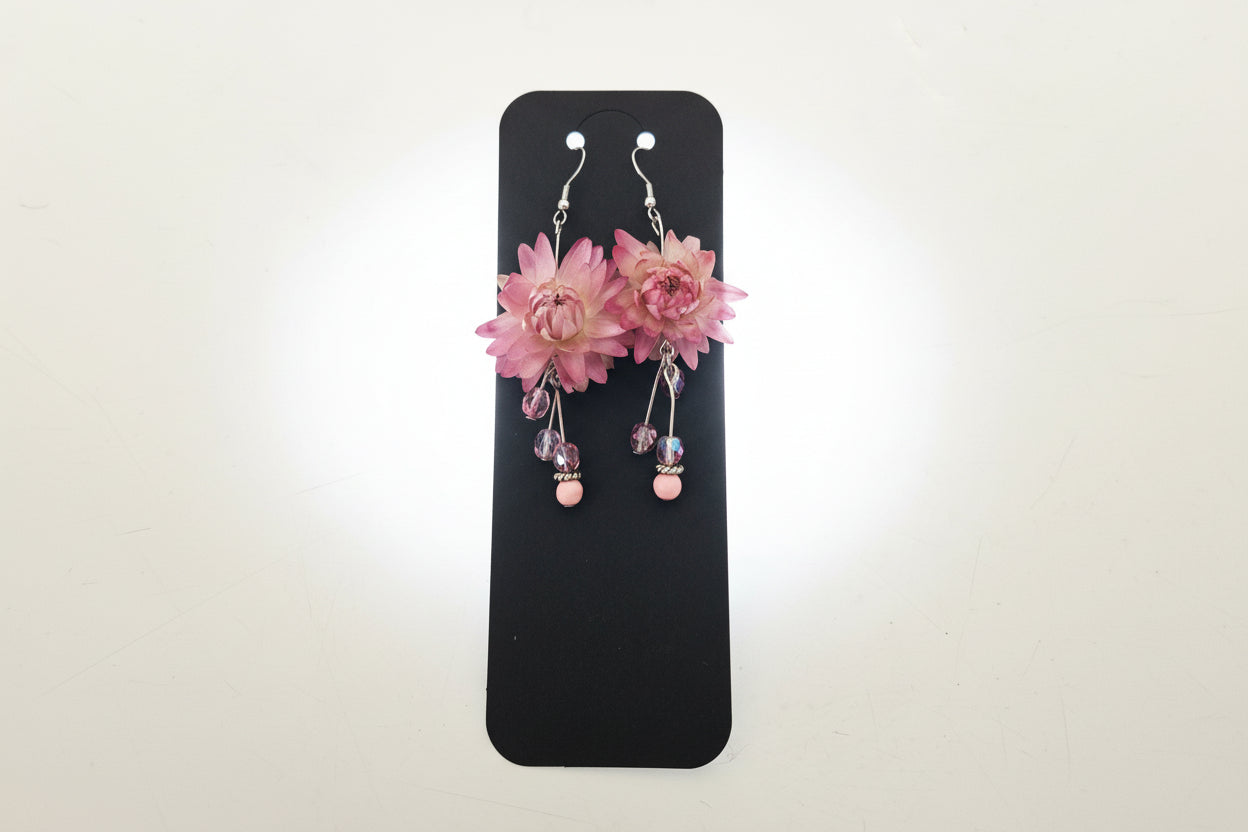 Pair of pink floral earrings on a black card against a white background