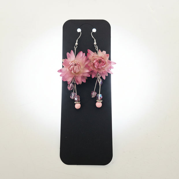 Pair of pink floral earrings on a black card against a white background