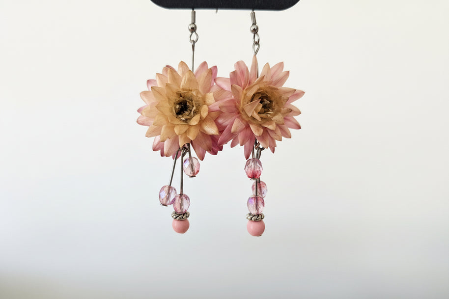 Pair of floral earrings with pink and beige flowers on a white background