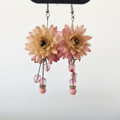 Pair of floral earrings with pink and beige flowers on a white background