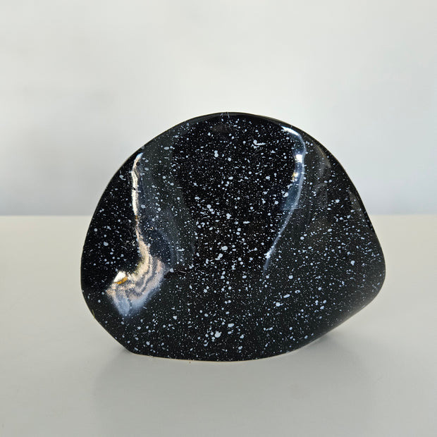 Black speckled stone on a light grey background