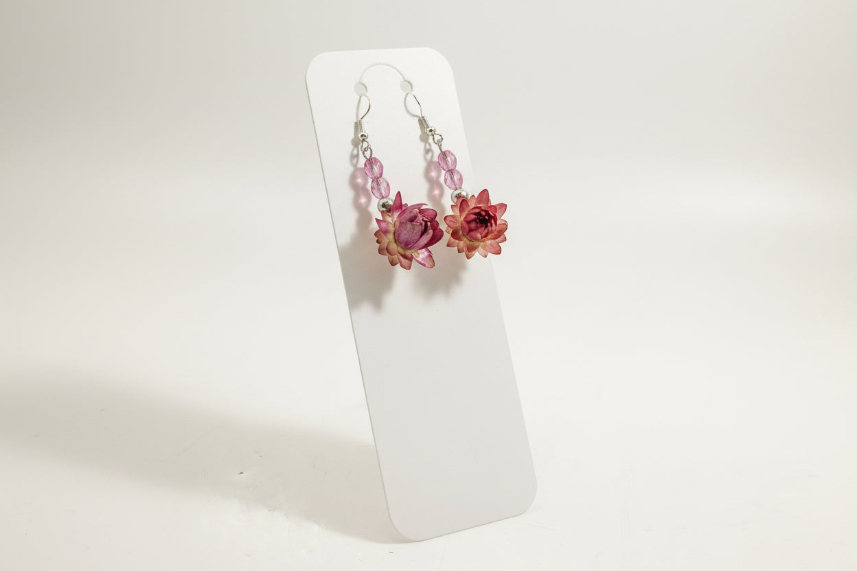 Pair of floral earrings on a clear stand against a light background
