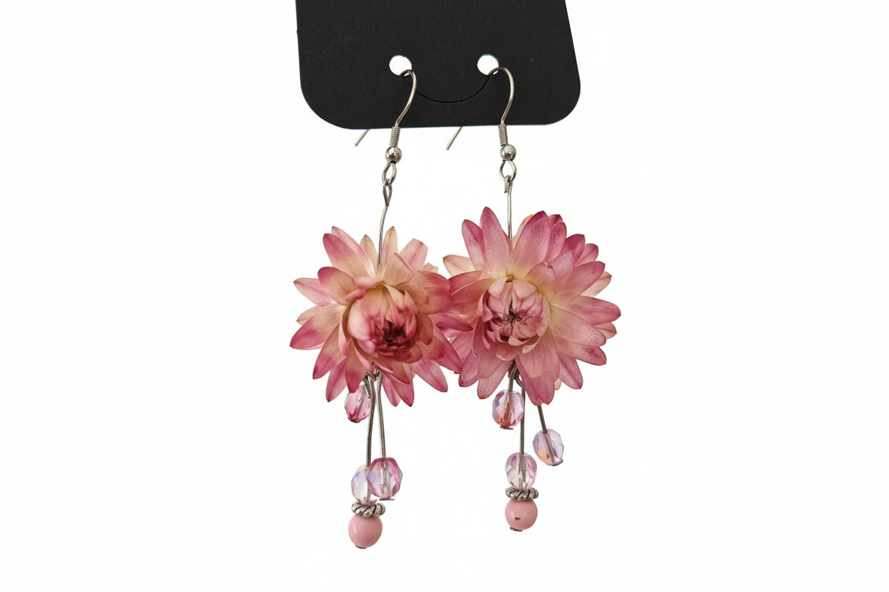 Pair of pink floral earrings on a white background