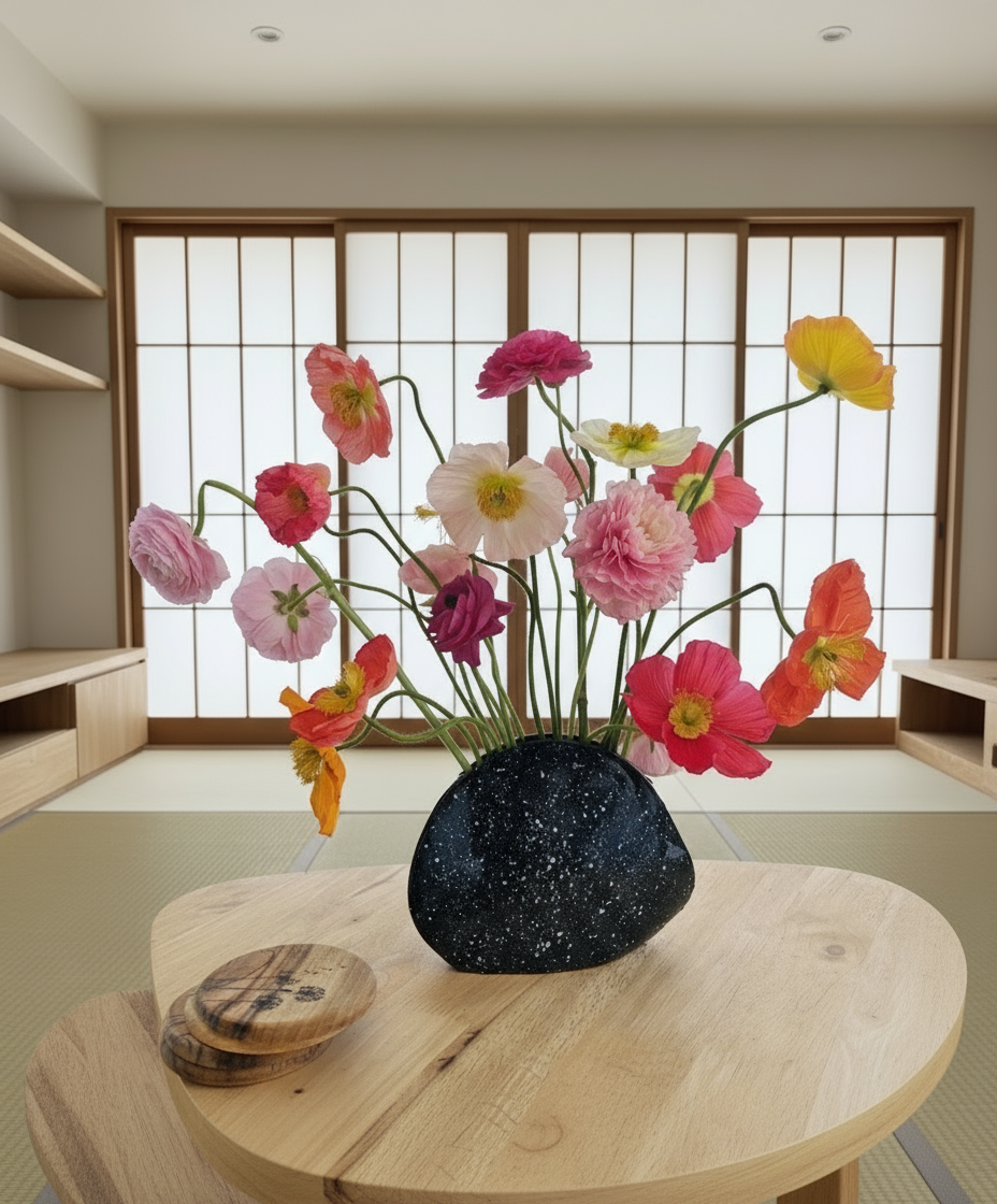 Decorative vase with colourful flowers on a wooden table in a room with sliding doors.