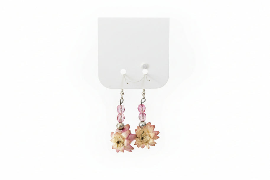 Floral and beaded earrings on a white card