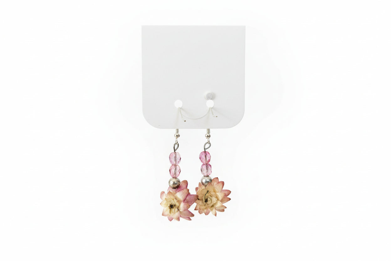 Floral and beaded earrings on a white card